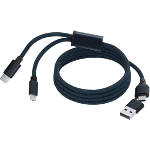 A charging cable in dark teal, featuring two connectors and a USB end, presented with a sleek design.