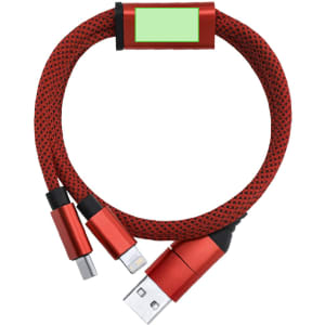 A red charging cable with a woven design and multiple connectors, featuring a branding logo on the side.