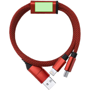 A red braided charging cable with multiple connectors, featuring a rectangular attachment with a logo.