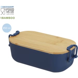 A navy blue lunch box with a bamboo lid and handles, featuring a logo. Capacity is 850 ml.