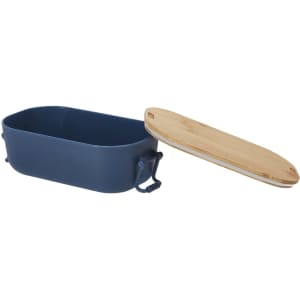 A navy lunch box with a bamboo lid and side handles, designed for food storage.