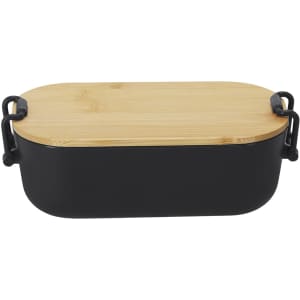 A black lunch box with a bamboo lid and side handles, featuring an oval shape and sleek design.