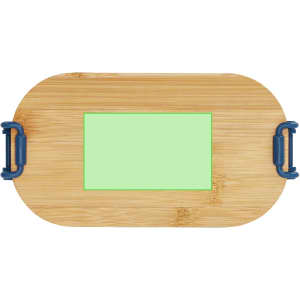 A bamboo lunch box in a natural tone with green accents and blue handles, featuring a blank label area.
