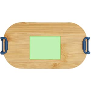 A bamboo lunch box in a natural finish, featuring blue handles and a green label area.