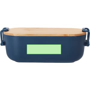 A navy blue lunch box with a bamboo lid and a green rectangular area. It features handles on the sides.