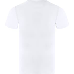A plain white t-shirt with short sleeves and a round neckline, featuring a logo.