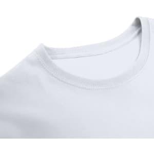 A white T-shirt with a round neckline, featuring a smooth fabric texture and minimalist design.