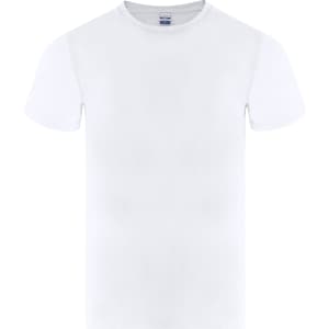 A plain white T-shirt with short sleeves and a round neckline. It features a logo on the label.
