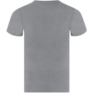 A grey T-shirt with short sleeves and a plain back design. It features a logo.