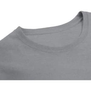 A grey T-shirt with a crew neck design, featuring a branding logo.