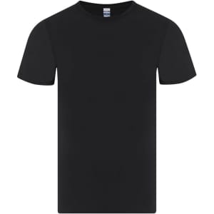 A black t-shirt with short sleeves, featuring a simple design and a logo on the label.
