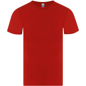 A red t-shirt with short sleeves and a classic crew neck design, featuring a logo on the label.