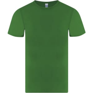 A green t-shirt with short sleeves, featuring a straight-cut design and a logo.