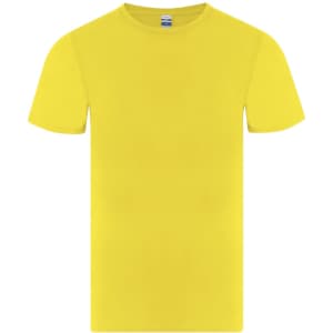 A bright yellow T-shirt with short sleeves, featuring a logo on the upper inner neckline.