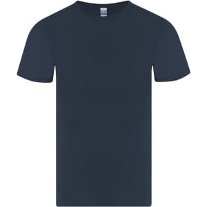 A navy blue kids' t-shirt with a plain design and a logo on the label.