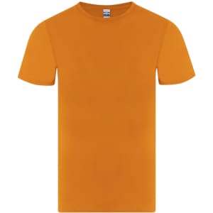 An orange t-shirt with a classic crew neck and short sleeves. It features a branding logo.