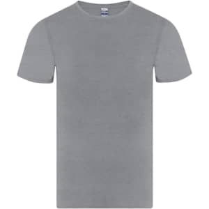 A grey T-shirt with short sleeves, featuring a simple design and a logo on the tag.