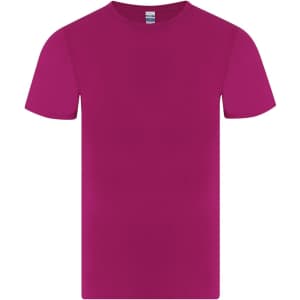 A magenta T-shirt with short sleeves, featuring a simple design and a logo.