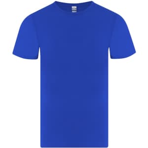 A blue children's t-shirt with a round neckline and short sleeves, featuring a logo on the label.