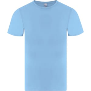 A light blue kids' T-shirt with short sleeves and a plain design, featuring a branding logo.
