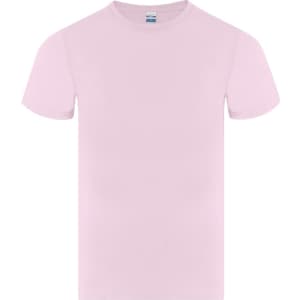 A pink t-shirt with short sleeves and a crew neckline. The shirt features a logo on the tag.