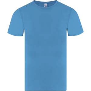 A blue kids' t-shirt with a round neck and short sleeves, featuring a logo on the front.