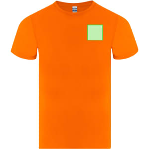 An orange T-shirt featuring a small green square on the front. It has a logo on the label.