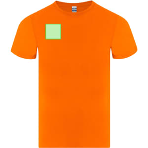 An orange children's T-shirt featuring a green square on the front and a logo on the side.