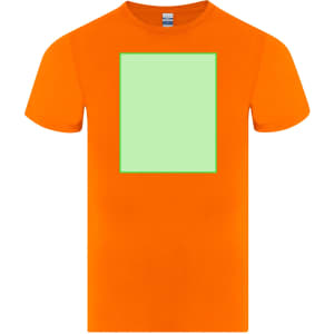 An orange T-shirt featuring a large blank green rectangle in the centre. It has a logo on the tag.