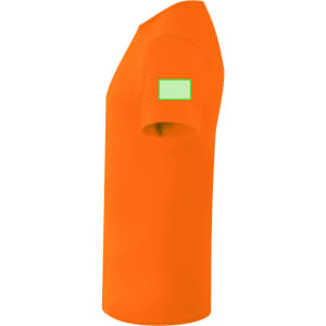 An orange short-sleeve T-shirt with a green patch on the sleeve. It features a simple, clean design.