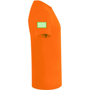 An orange kids' T-shirt with a short sleeve and a logo on the sleeve.