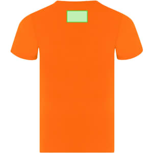 An orange children's T-shirt with a green rectangular patch, featuring a simple design and short sleeves.
