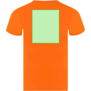 An orange T-shirt featuring a green rectangular design on the back. It has a logo on the front.