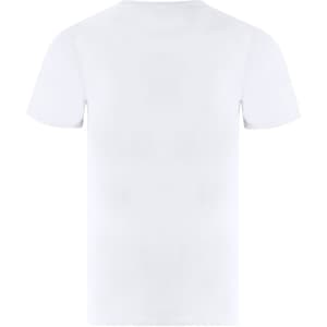 A plain white adult T-shirt with short sleeves and a simple design, featuring a logo at the neck.
