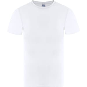 A plain white adult T-shirt with short sleeves and a round neckline, featuring a logo.
