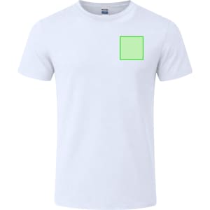 A plain white adult t-shirt featuring a green square design on the front and a logo positioned on the chest.