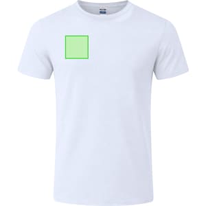 A white adult T-shirt featuring a small green square in the upper left corner. It has a logo or branding.