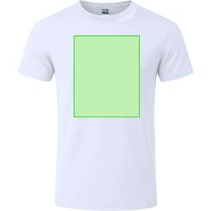 A white adult t-shirt with a blank green square outlined in green, featuring a logo on the label.
