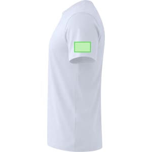 A white adult t-shirt with short sleeves and a logo on the sleeve.