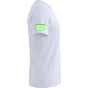 A white adult T-shirt featuring a short sleeve and an area for logo placement on the upper arm.