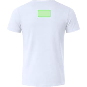 A white adult T-shirt featuring a blank green rectangle on the back. It has a simple design and a logo.