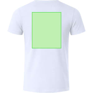 A white adult T-shirt featuring a green square design on the back. The shirt has a logo or branding.