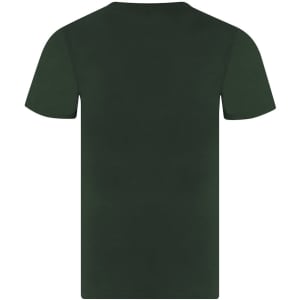 A dark green T-shirt with short sleeves and a plain back, featuring a logo.