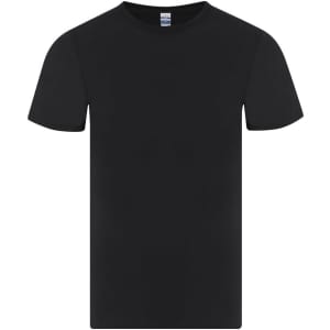 A black adult T-shirt featuring a crew neck and short sleeves, with a logo on the label.