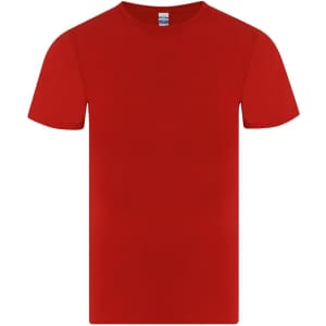 A red adult T-shirt with short sleeves and a plain design. It features a logo on the label.