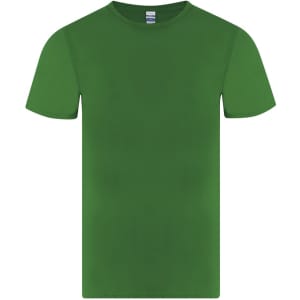 A green adult T-shirt with short sleeves and a plain design, featuring a logo.