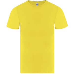 A yellow adult T-shirt featuring a round neckline and short sleeves, with a logo on the label.