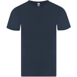 A dark blue adult T-shirt featuring a classic crew neck design and short sleeves. It has a logo on the label.