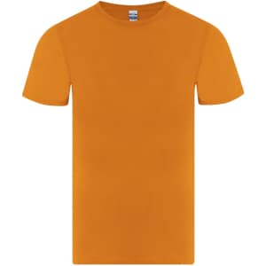An orange adult T-shirt with short sleeves, featuring a label and a simple design.