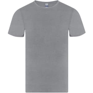 A grey adult t-shirt with short sleeves and a round neckline, featuring a logo.